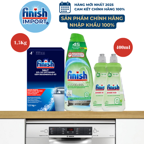 Combo 4 món Ecolabel: Gel rửa chén Finish 900ml, 2 chai Finish 400ml (0% Ecolabel EU), muối Finish 1,5kg (Làm mềm nước)